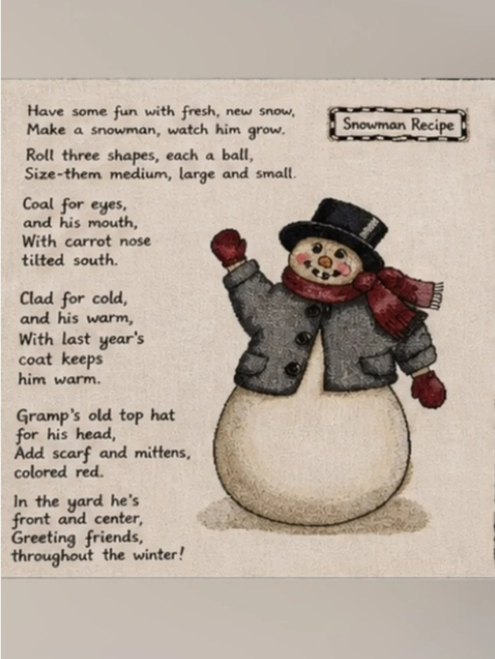 Snowman Recipe Wall Art Print - Cream Background with Red Scarf